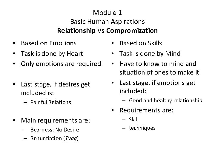 Module 1 Basic Human Aspirations Relationship Vs Compromization • Based on Emotions • Task