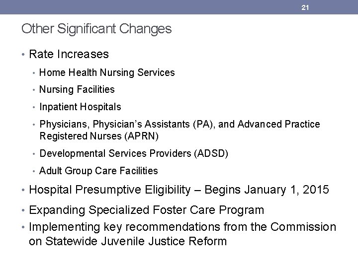 21 Other Significant Changes • Rate Increases • Home Health Nursing Services • Nursing
