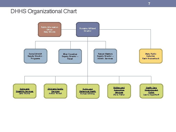 7 DHHS Organizational Chart Public Information Officer Mary Woods Dena Schmidt Deputy Director Programs
