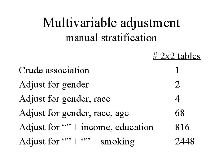 Multivariable adjustment manual stratification # 2 x 2 tables Crude association 1 Adjust for