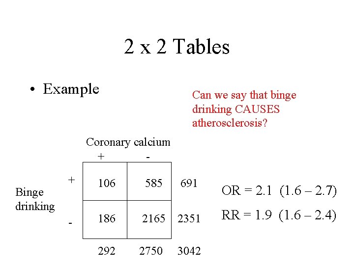 2 x 2 Tables • Example Can we say that binge drinking CAUSES atherosclerosis?