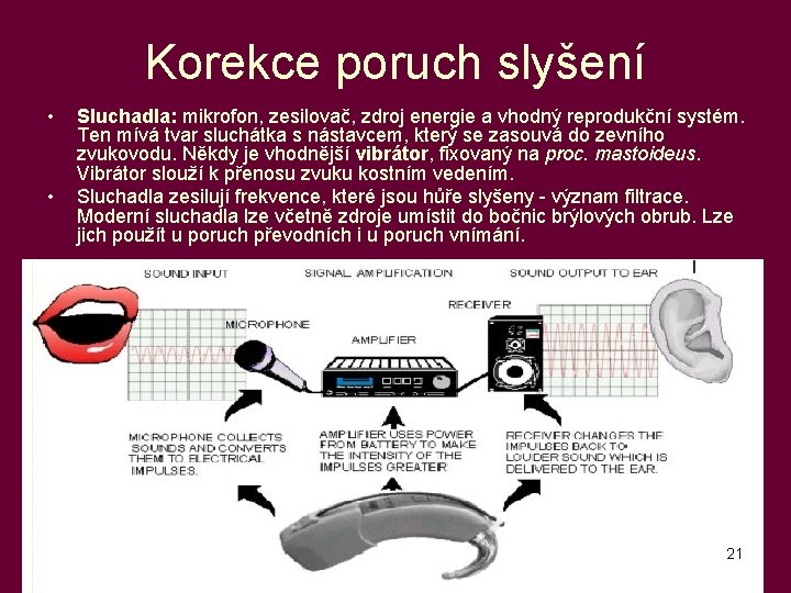 Korekce poruch slyšení • • Sluchadla: mikrofon, zesilovač, zdroj energie a vhodný reprodukční systém.