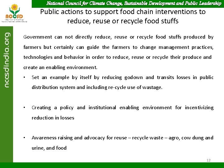 National Council for Climate Change, Sustainable Development and Public Leadership Public actions to support