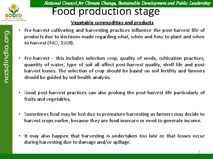 National Council for Climate Change, Sustainable Development and Public Leadership Food production stage Vegetable