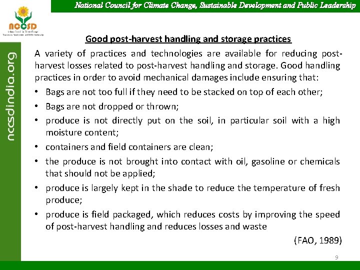 National Council for Climate Change, Sustainable Development and Public Leadership Good post-harvest handling and