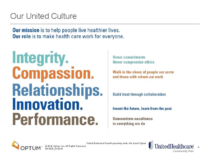 Our United Culture United Behavioral Health operating under the brand Optum © 2019 Optum,