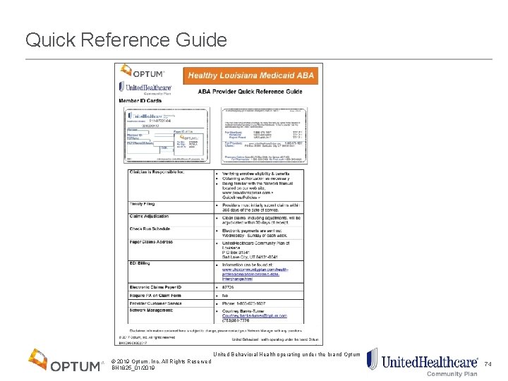 Quick Reference Guide United Behavioral Health operating under the brand Optum © 2019 Optum,