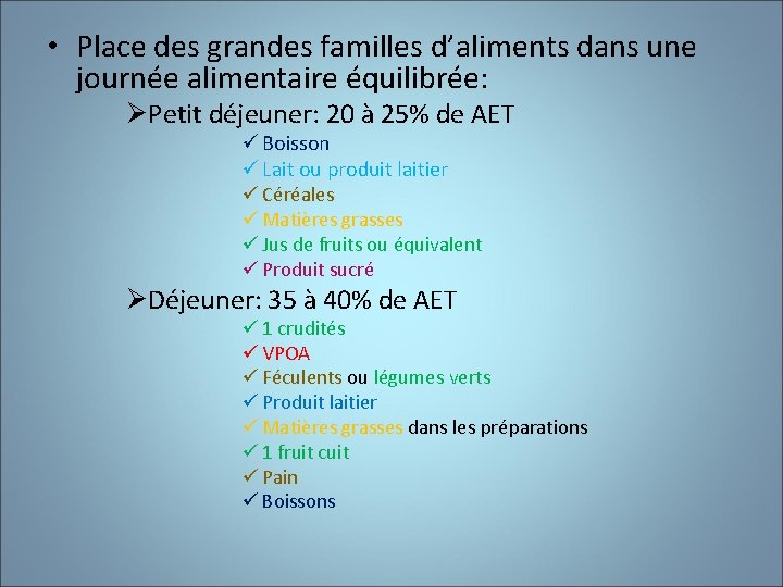  • Place des grandes familles d’aliments dans une journée alimentaire équilibrée: ØPetit déjeuner: