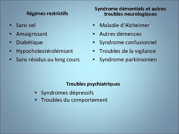 Syndrome démentiels et autres troubles neurologiques Régimes restrictifs • • • Sans sel Amaigrissant