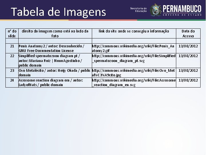 Tabela de Imagens n° do direito da imagem como está ao lado da link