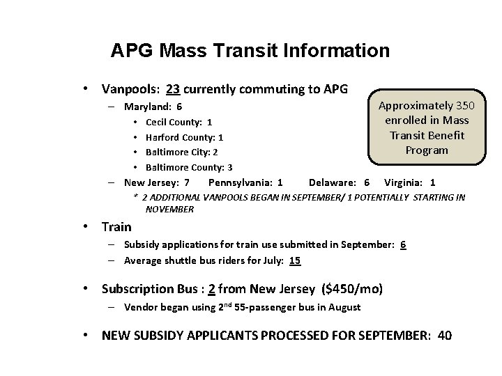 APG Mass Transit Information • Vanpools: 23 currently commuting to APG Approximately 350 enrolled