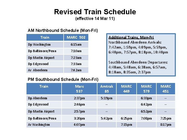 Revised Train Schedule (effective 14 Mar 11) AM Northbound Schedule (Mon-Fri) Train MARC 502