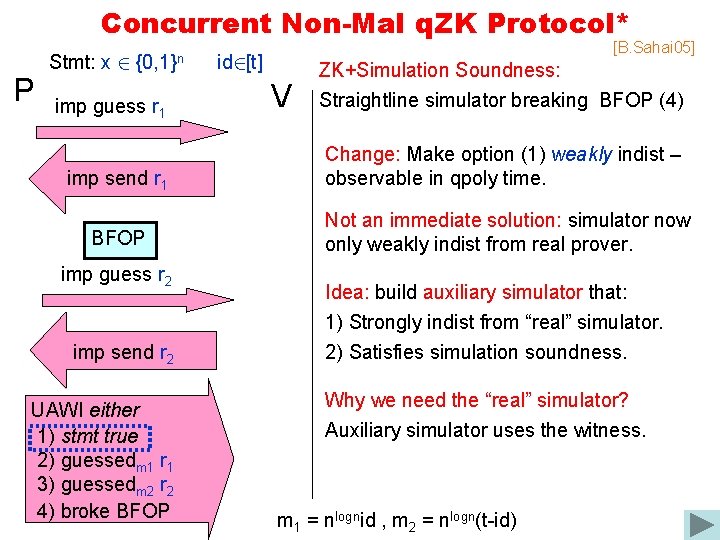 Concurrent Non-Mal q. ZK Protocol* P Stmt: x 2 {0, 1}n imp guess r