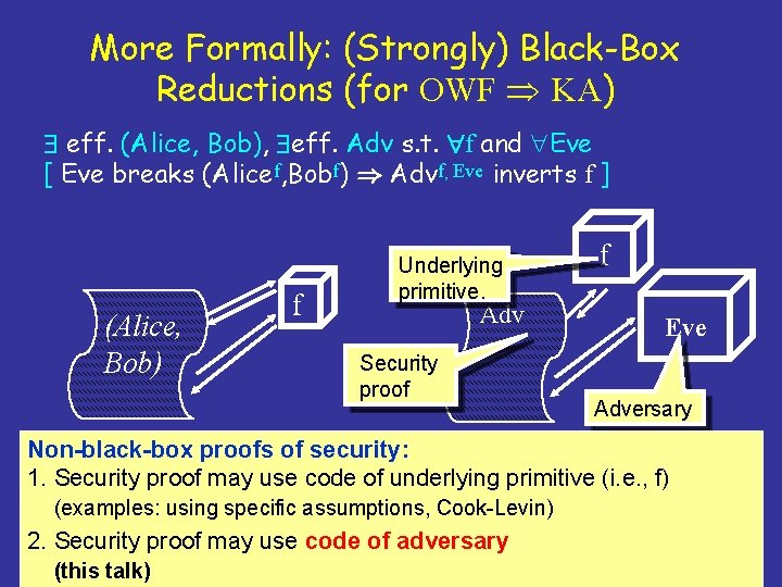 More Formally: (Strongly) Black-Box Reductions (for OWF KA) eff. (Alice, Bob), eff. Adv s.