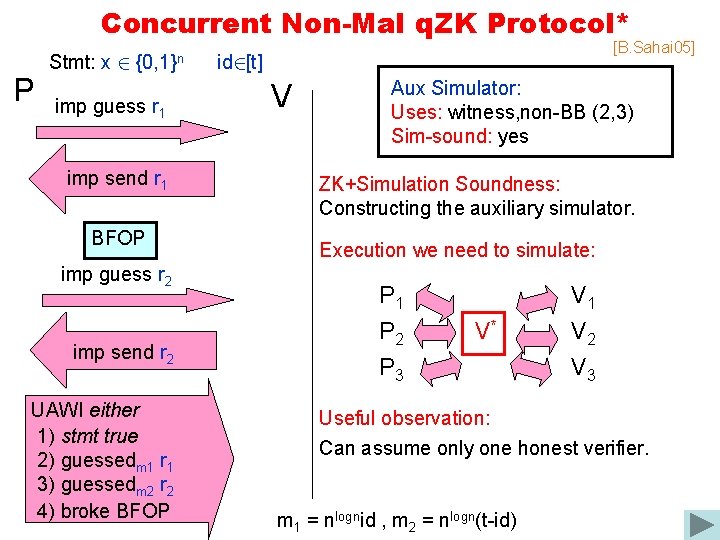 Concurrent Non-Mal q. ZK Protocol* P Stmt: x 2 {0, 1}n imp guess r