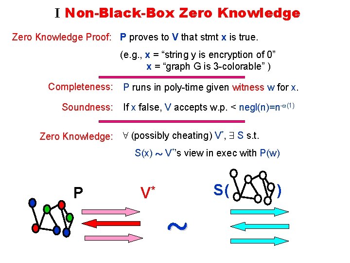 I Non-Black-Box Zero Knowledge Proof: P proves to V that stmt x is true.