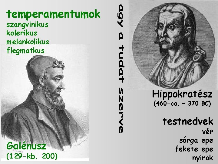 temperamentumok szangvinikus kolerikus melankolikus flegmatkus Hippokratész (460 -ca. – 370 BC) testnedvek Galénusz (129