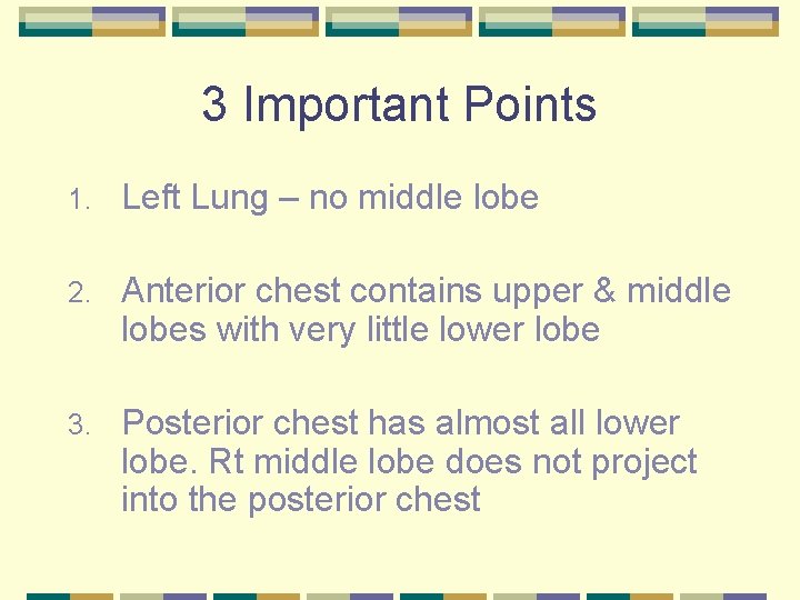 3 Important Points 1. Left Lung – no middle lobe 2. Anterior chest contains