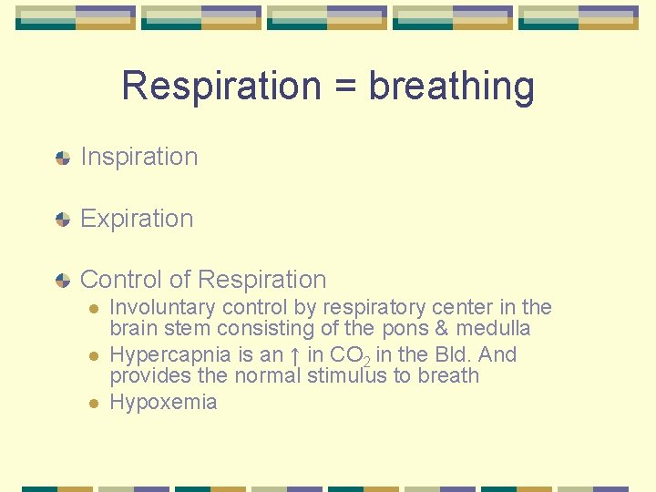 Respiration = breathing Inspiration Expiration Control of Respiration l l l Involuntary control by