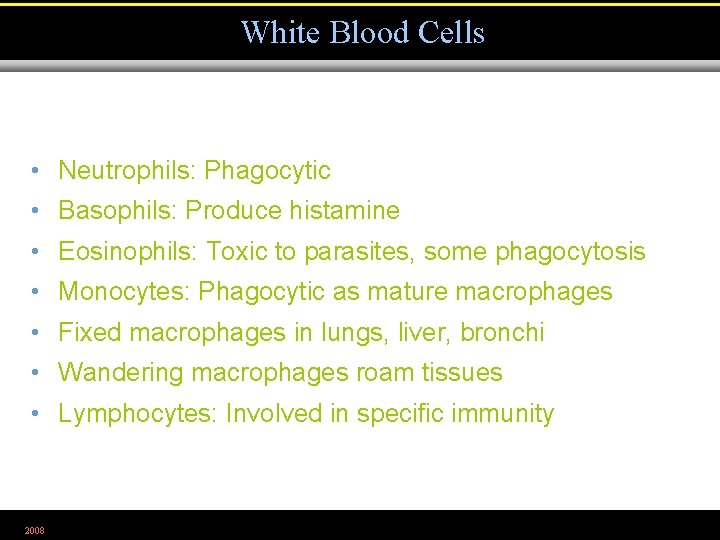 White Blood Cells • Neutrophils: Phagocytic • Basophils: Produce histamine • Eosinophils: Toxic to
