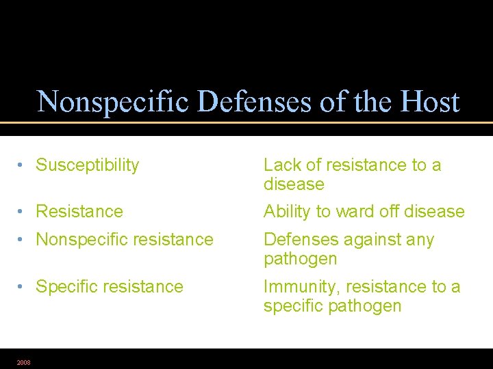 Nonspecific Defenses of the Host • Susceptibility Lack of resistance to a disease •