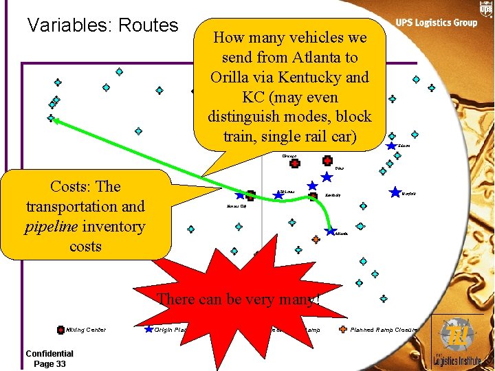 Variables: Routes How many vehicles we send from Atlanta to Orilla via Kentucky and