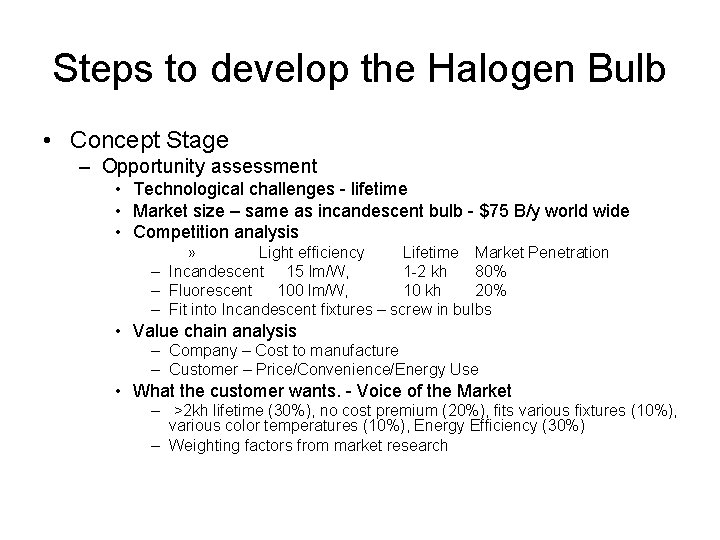 Steps to develop the Halogen Bulb • Concept Stage – Opportunity assessment • Technological