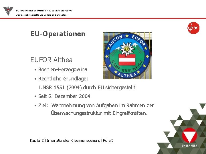 BUNDESMINISTERIUM für LANDESVERTEIDIGUNG Staats– und wehrpolitische Bildung im Bundesheer EU-Operationen EUFOR Althea • Bosnien-Herzegowina