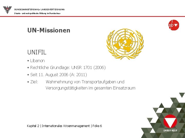 BUNDESMINISTERIUM für LANDESVERTEIDIGUNG Staats– und wehrpolitische Bildung im Bundesheer UN-Missionen UNIFIL • Libanon •