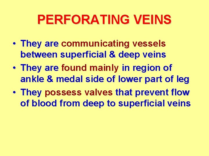 PERFORATING VEINS • They are communicating vessels between superficial & deep veins • They