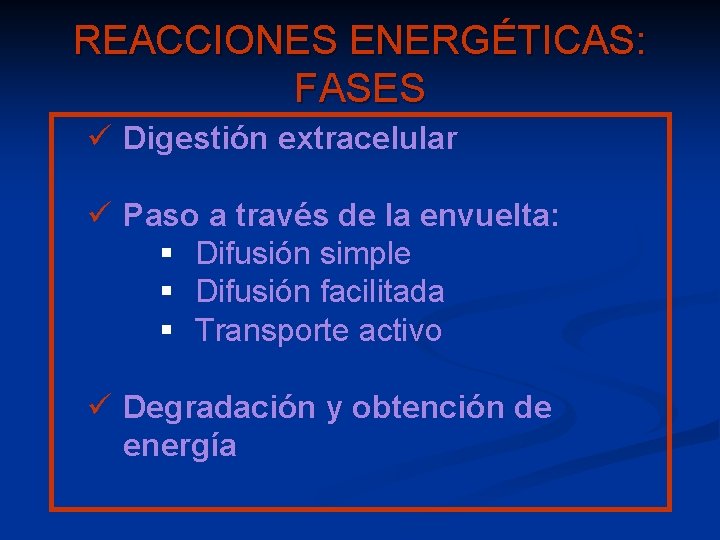 REACCIONES ENERGÉTICAS: FASES ü Digestión extracelular ü Paso a través de la envuelta: §