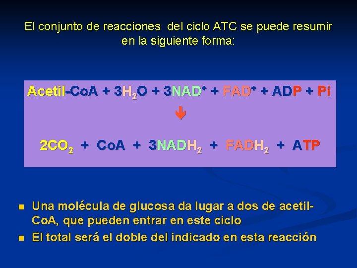 El conjunto de reacciones del ciclo ATC se puede resumir en la siguiente forma: