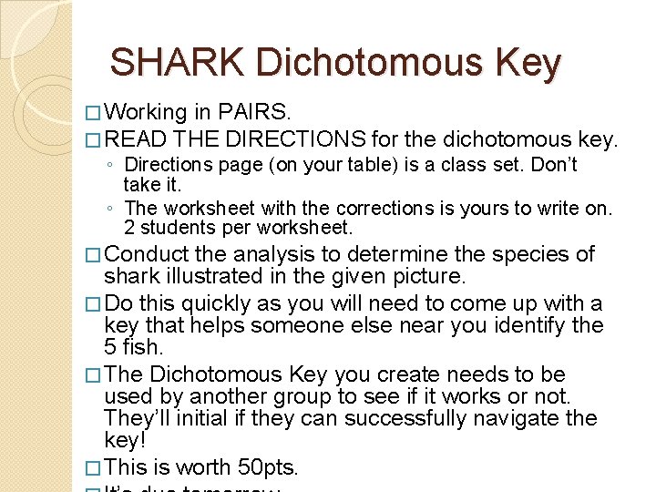 SHARK Dichotomous Key � Working in PAIRS. � READ THE DIRECTIONS for the dichotomous
