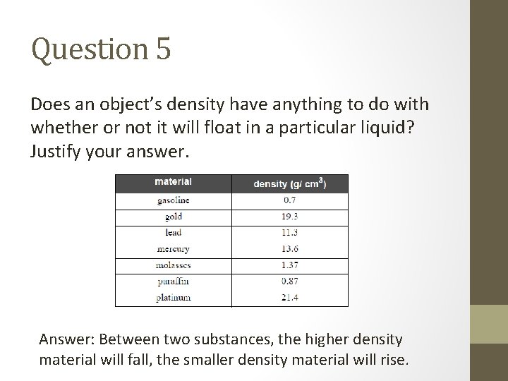 Question 5 Does an object’s density have anything to do with whether or not