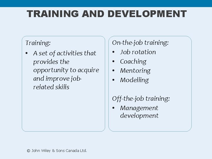 TRAINING AND DEVELOPMENT Training: • A set of activities that provides the opportunity to