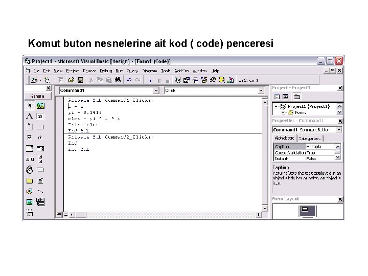 Komut buton nesnelerine ait kod ( code) penceresi 