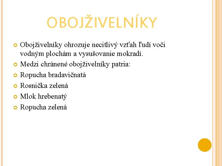 OBOJŽIVELNÍKY Obojživelníky ohrozuje necitlivý vzťah ľudí voči vodným plochám a vysušovanie mokradí. Medzi chránené