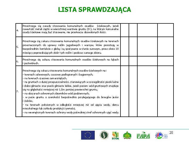 LISTA SPRAWDZAJĄCA 4. Przestrzega się zasady stosowania komunalnych osadów ściekowych, jeżeli zawartość metali ciężki