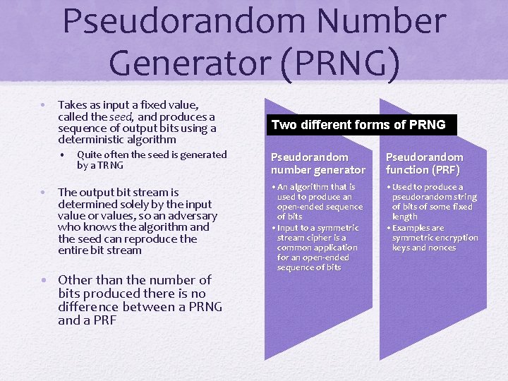 Pseudorandom Number Generator (PRNG) • Takes as input a fixed value, called the seed,