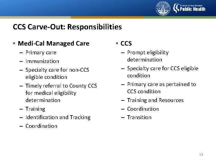 CCS Carve-Out: Responsibilities • Medi-Cal Managed Care – Primary care – Immunization – Specialty