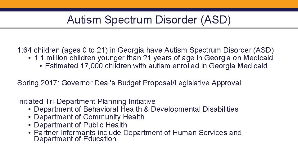 Autism Spectrum Disorder (ASD) 1: 64 children (ages 0 to 21) in Georgia have