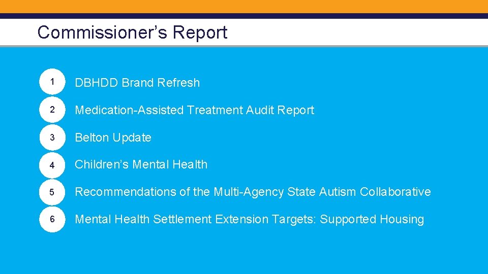 Commissioner’s Report 1 DBHDD Brand Refresh 2 Medication-Assisted Treatment Audit Report 3 Belton Update