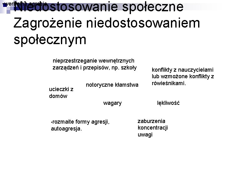 Niedostosowanie społeczne Zagrożenie niedostosowaniem społecznym • werbalną agresję nieprzestrzeganie wewnętrznych zarządzeń i przepisów, np.