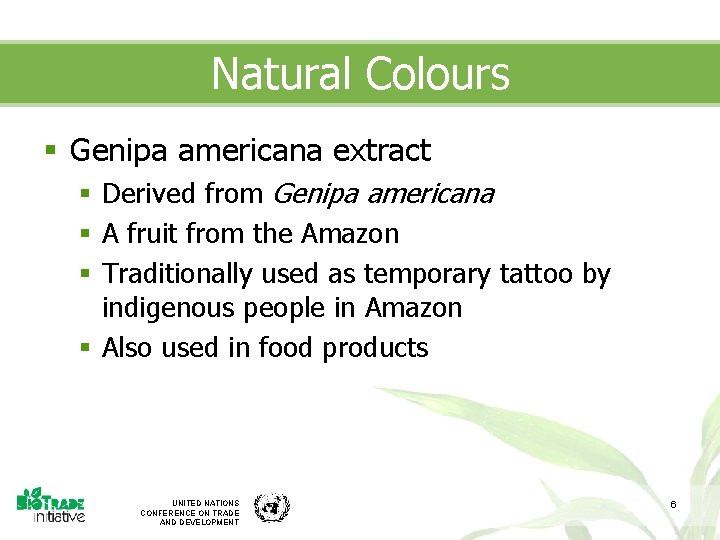 Natural Colours § Genipa americana extract § Derived from Genipa americana § A fruit