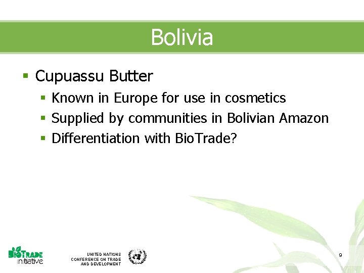 Bolivia § Cupuassu Butter § Known in Europe for use in cosmetics § Supplied