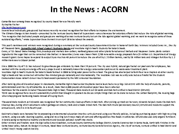 In the News : ACORN Camarillo teen among those recognized by county board for