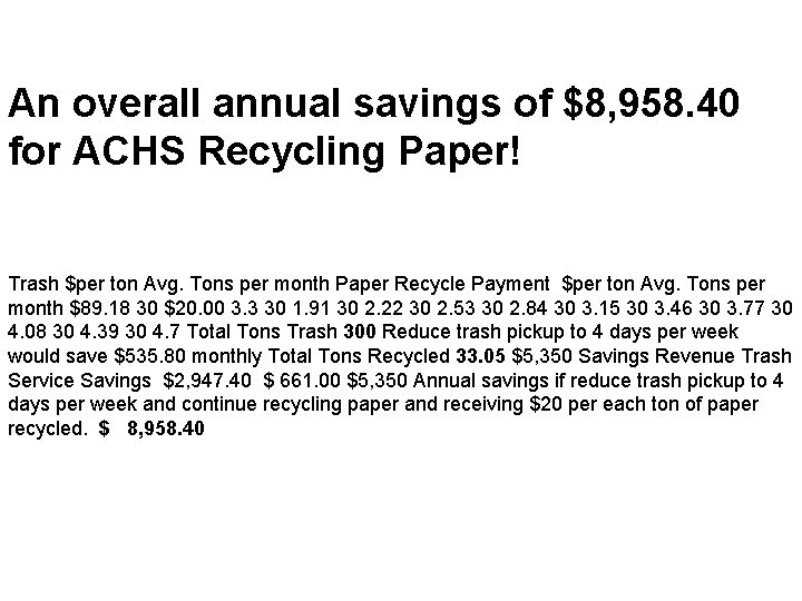 An overall annual savings of $8, 958. 40 for ACHS Recycling Paper! Trash $per