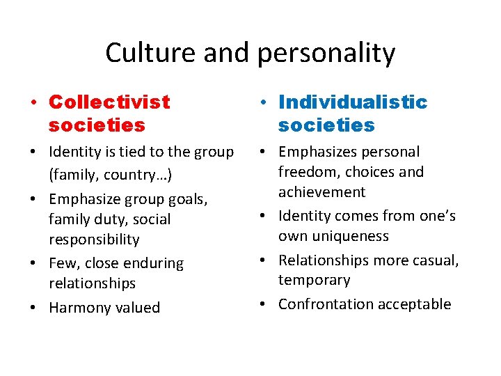 Culture and personality • Collectivist societies • Individualistic societies • Identity is tied to