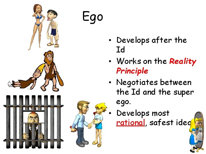 Ego • Develops after the Id • Works on the Reality Principle • Negotiates