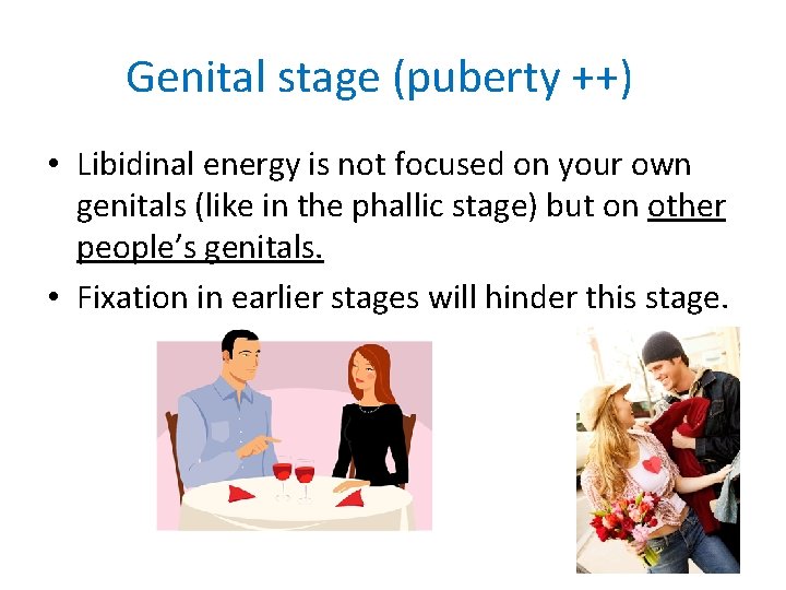 Genital stage (puberty ++) • Libidinal energy is not focused on your own genitals